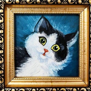 Black and White Cat Portrait, Original Oil painting  Cute Cat  Pet  Handmade Gift  Wall Art  іт Gold Framed  4 by 4 inches