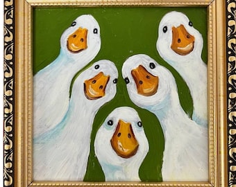 Dipinto a olio originale: famiglia di oche, cornice dorata - decorazione da fattoria 6x6