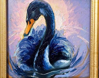 Black Swan Oil Painting in Gold Frame: Romantic Lake Scene, 6x6 inches