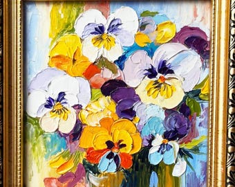 Pansies Flowers Original Small Oil Painting in Gold Framed Textured Artwork 6 by 6