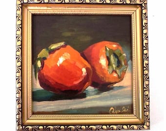 Pintura al óleo de caqui enmarcada: marco dorado estilo vintage, obra de arte hecha a mano