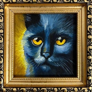 Black Cat Portrait: Original Oil Painting in Gold Frame (4x4 inches)