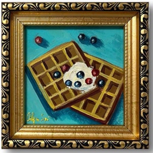 Waffles Oil Painting: Original Still Life Art in Gold Frame (4x4 inches)