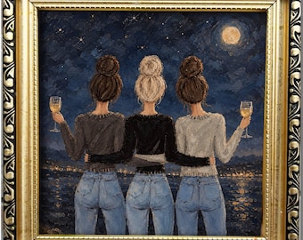 Three Women by the Sea Original Oil Painting, Friendship Wall Art, Girls Night Out Decor, Women Together Gift, Elegant Home Decor
