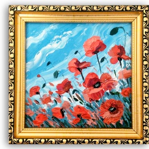 Poppy Field Oil Painting: Impasto Floral Art in Gold Frame (6x6 inches)