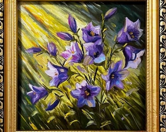 Purple Bellflowers Oil Painting Mini Floral Art, 6x6 Inch Gold Framed Original Artwork