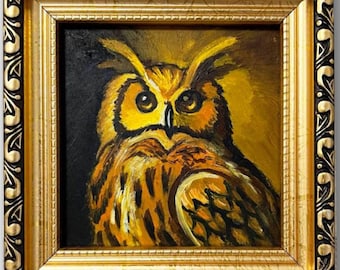 Pintura de búho, arte al óleo original, obra de arte animal con marco dorado (4 x 4 pulgadas)
