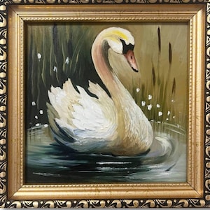 White Swan Original Oil Painting in Gold Framed Romantic Swan on the water Vintage Style Small Decor  6 by 6 inches