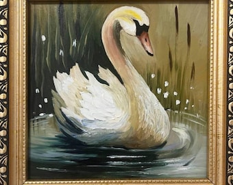 白鳥の油絵 白鳥のオリジナル油絵（額装済み）：ヴィンテージスタイルの鳥のアート