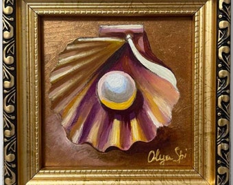 Pintura al óleo original de concha de perla: obra de arte costera enmarcada (10 x 10 cm)