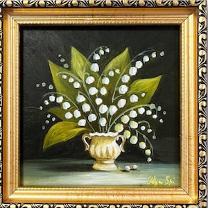 Maiglöckchen Original Kunst Gemälde Frühling Weiße Blumen auf einem dunklen Hintergrund in einem Goldrahmen 6 &quot;x 6&quot; von OlyaARTStudio