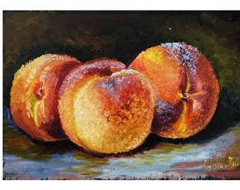 Peach Oil Painting Elegant Fruit  Art, Exquisite Peach Still Life, Modern Small-Space Painting