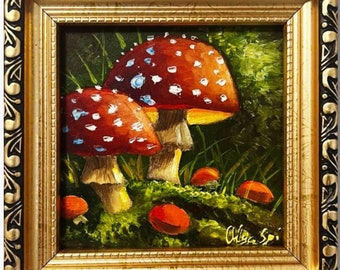Amanita Mushroom Painting: Miniature Framed Original Artwork