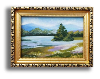 風景油絵プリント：金色の額縁付きマットアート、トランジショナル