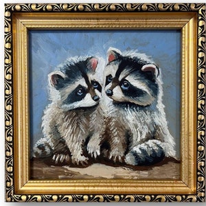 Raccoon Oil Painting: Original Framed Wall Art, Nursery Decor (6x6 inches)
