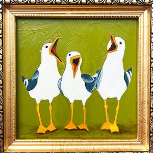 Seagulls Oil Painting: Three Funny Birds in Gold Frame