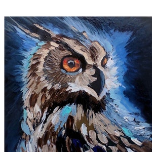 Owl Bird Original Oil   Art Impasto Whimsical Painting Night Landscape Halloween Wall Deecor 10 by 10 inches  by OlyaARTStudio
