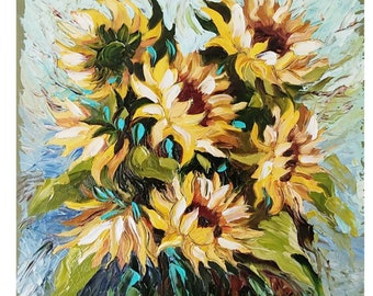 Sunflowers Painting, Original Art abstract square modern Palette Knife Artwork  Textured flower Wall Art .