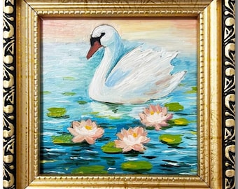 Swan Oil Painting: Water Lilies, Lake, Lotus - Gold Framed Wall Art