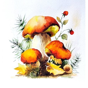 Herbst Pilz Malerei Original Aquarell Pilz Landschaft Malerei Kleine Wand Dekor von der Ukrainischen Künstlerin OlyaARTStudio