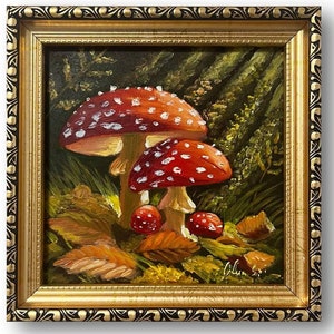 Mushroom Painting Original oil Art in Gold Framed Hand-Painted Fairy  Fly Agaric Decor for the Nursery in  6 by 6 inches