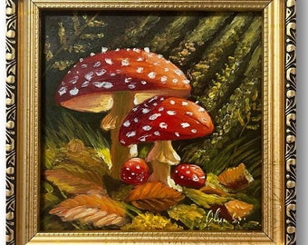 Framed Fly Agaric Mushroom Oil Painting: Whimsical Nursery Art (6x6 inches)