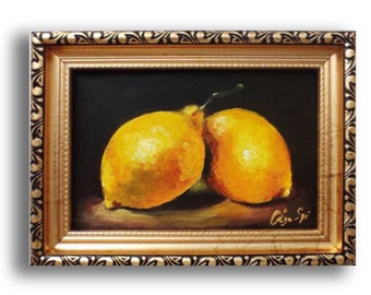 Lemon Oil Painting: Vivid Citrus Still Life with Gold Frame (4x6 in)