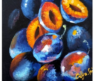 Plums Still Life Oil Painting: Elegant Berries Artwork (6x6 inches)