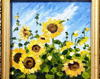 Framed Sunflower Oil Painting: Small Impasto Art, 6x6