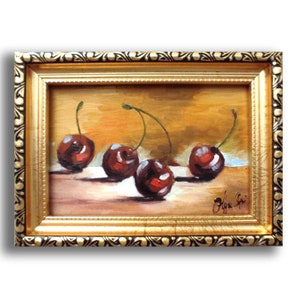 Cherries Painting Original Art in a Frame Fruits Small Oil Painting  for home wall decor 4 by 6 inches by OlyaARTStudio