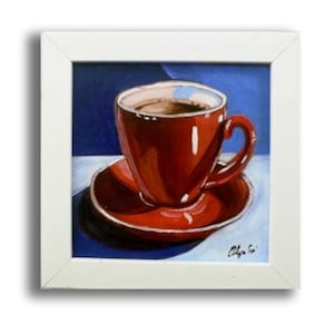 Red Coffee Cup Oil Painting: Kitchen Food Wall Art, Framed 6x6