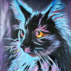 May include: A black cat with blue and purple fur, painted in a stylized manner. The cat's eyes are bright orange and yellow.