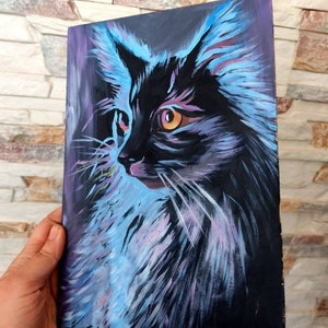 May include: A painting of a black cat with blue and purple fur. The cat's eyes are yellow and it is looking to the right. The painting is on a black background.