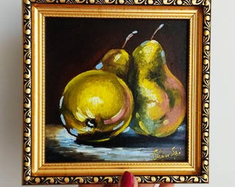 Pintura al óleo de pera: bodegón vintage con marco dorado (15 x 15 cm)