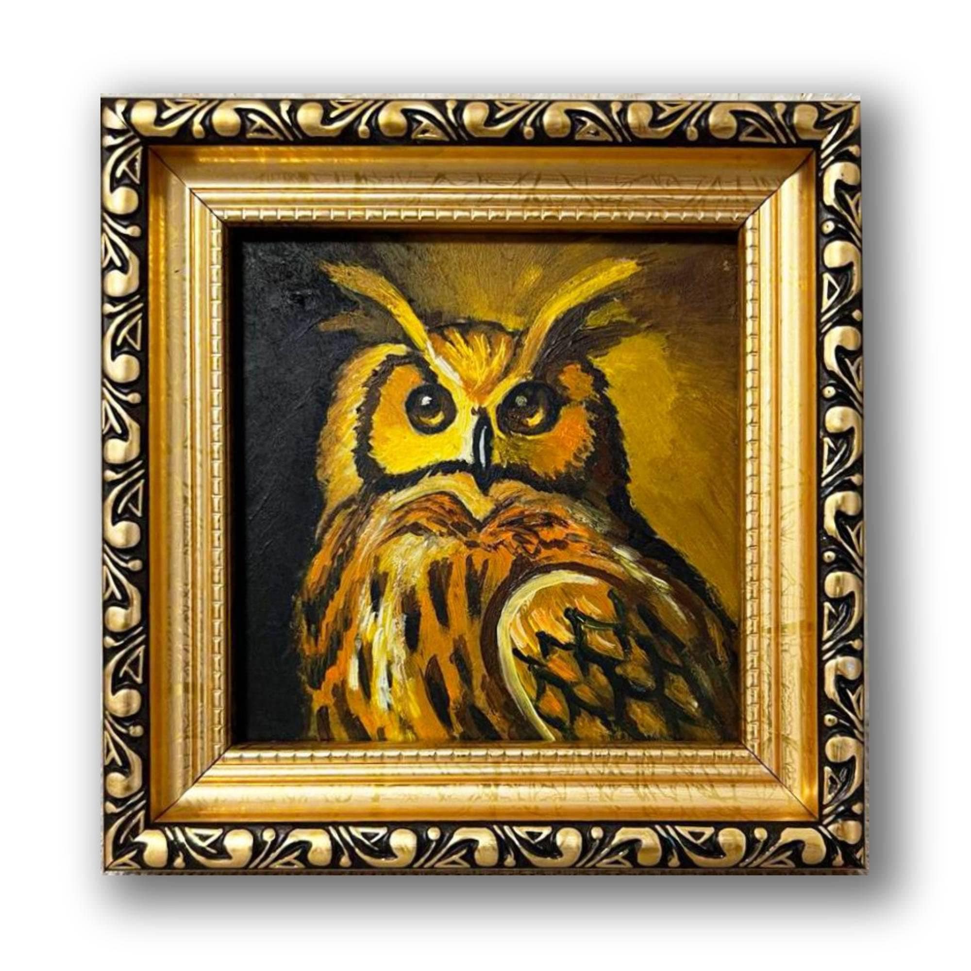 Owl Painting Original Oil Art, Golden Framed Animal Artwork (4x4 inches)