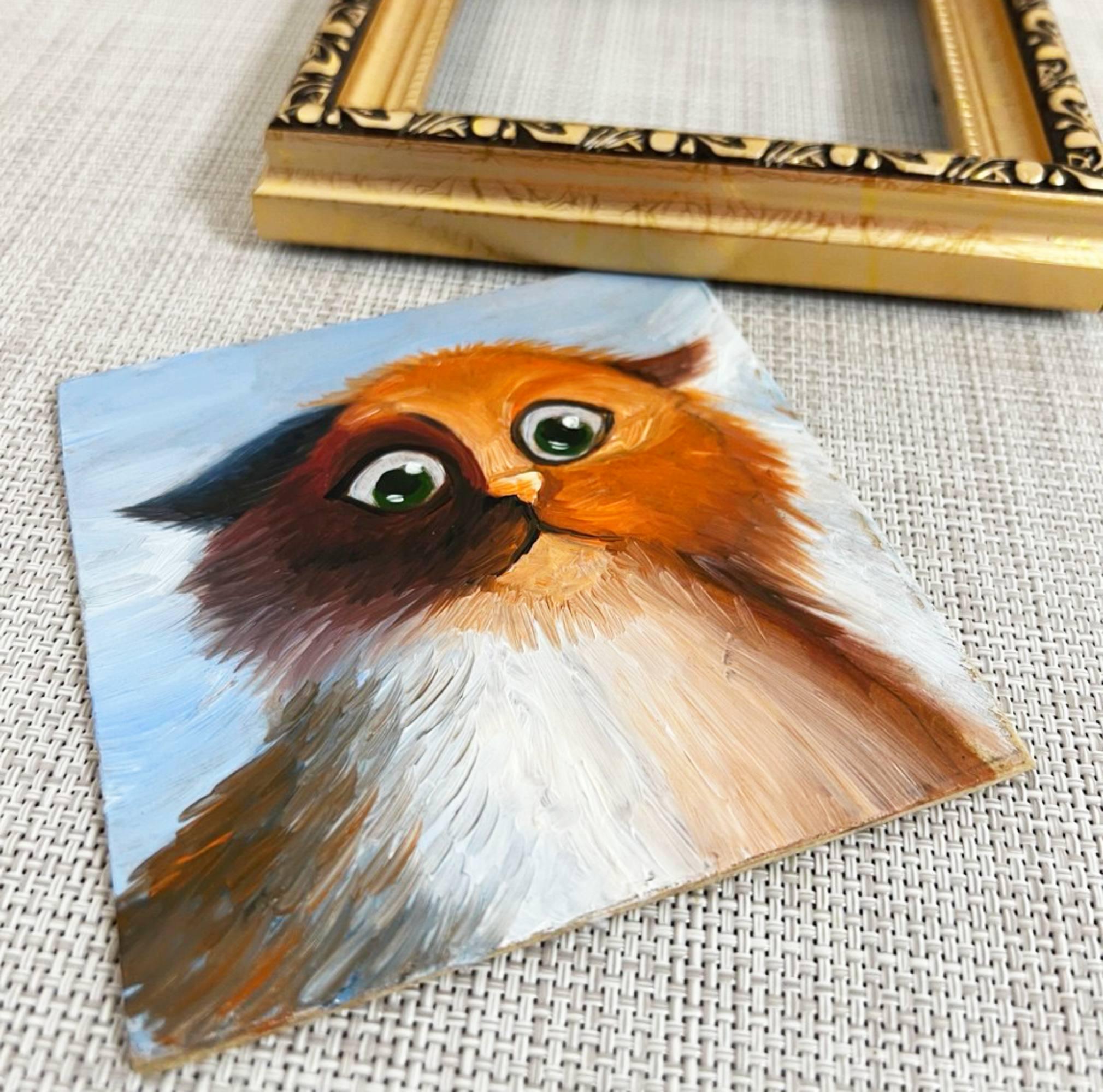 おもしろ猫の油絵：ゴールドフレームのオリジナルアート（4x4インチ