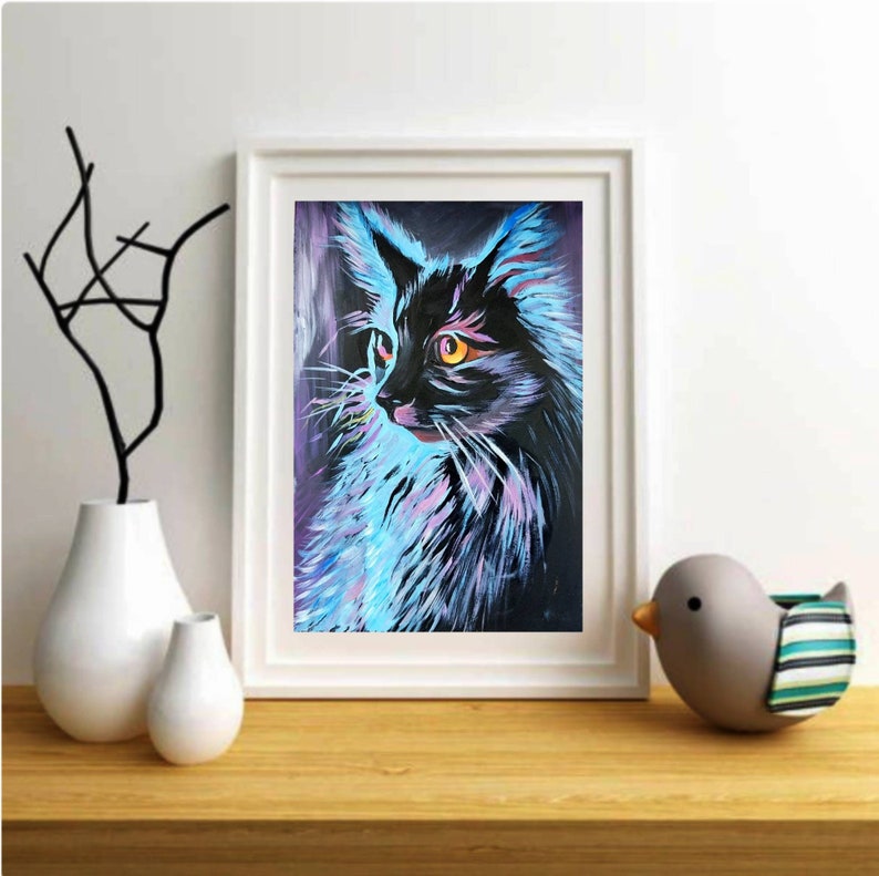 May include: A painting of a black cat with bright yellow eyes. The cat is painted in a blue and purple color scheme with a dark background.