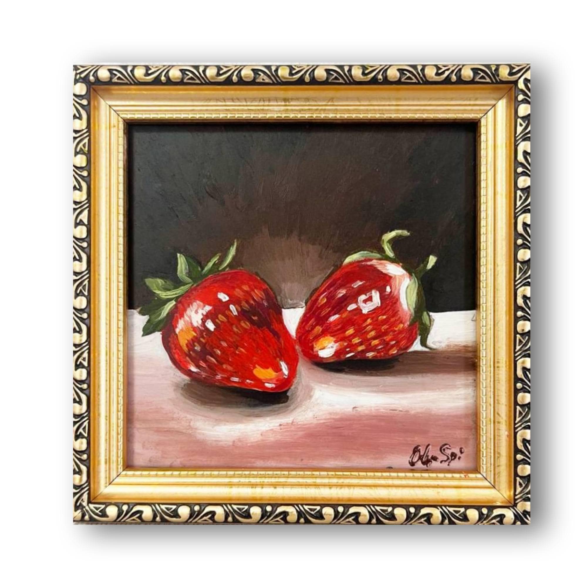 Strawberry Painting Original Oil Art  Kitchen Wall Art Gold Framed Berry  Art Dining Room for home wall decor  6 by 6 inches