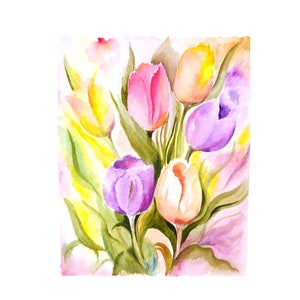 Tulpenmalerei Original Aquarell Kunst Kleine Frühlingsmalerei Eleganter Blumenstrauß Blumenwandkunst 10 x 8 "by OlyaARTStudio