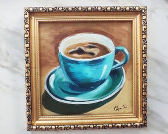 Framed Coffee Cup Oil Painting: Kitchen Still Life Art (6x6 Inches