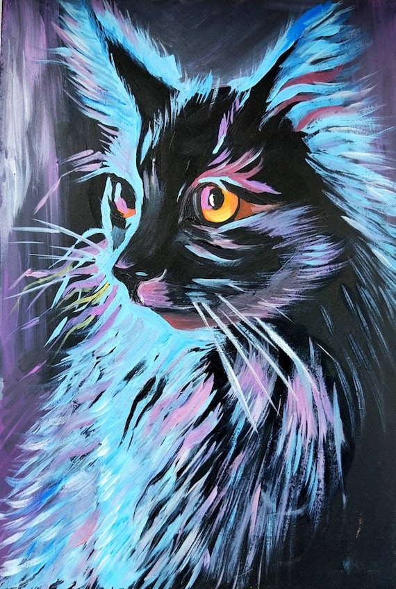 Black Cat Painting: Original Oil Art, Piercing Eyes, 12x8