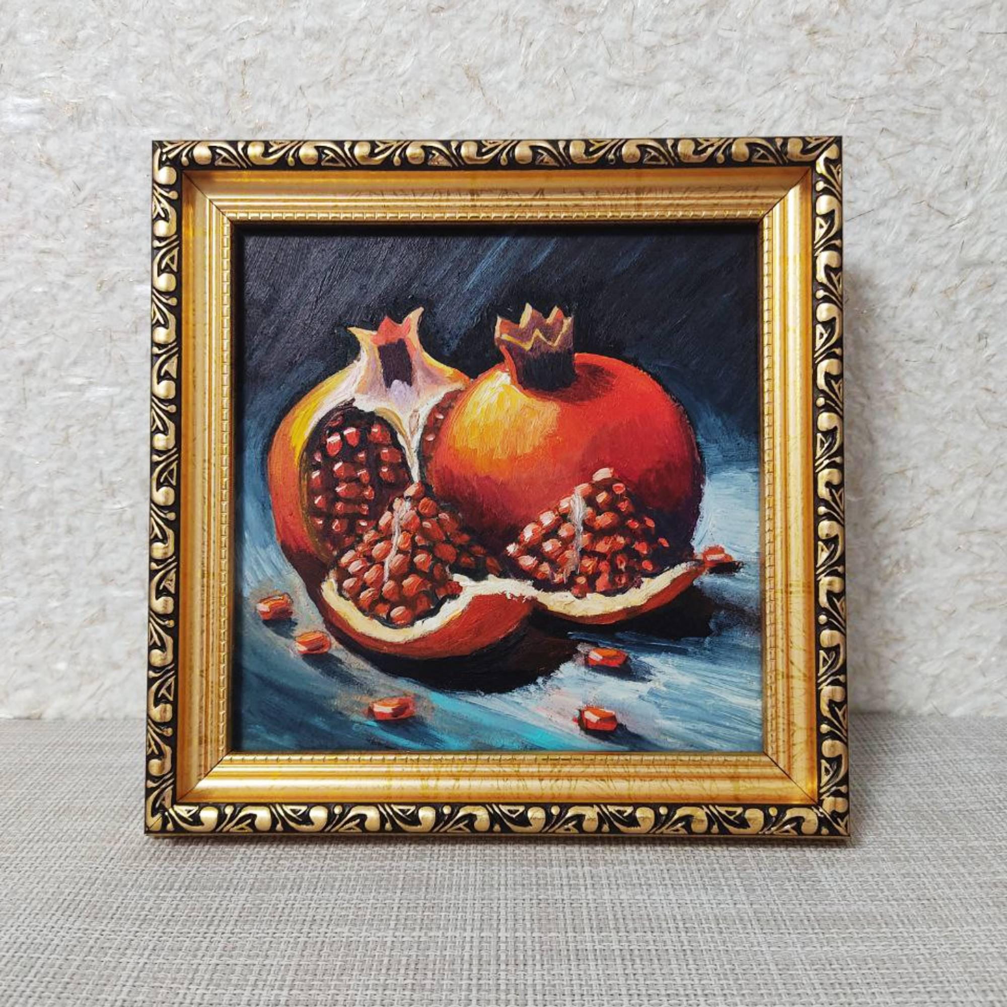 ザクロの油彩画 ザクロの油絵：オリジナル静物画（金枠付き、6x6インチ） - Etsy 日本