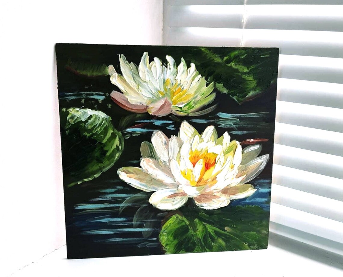 Original Water Lily Oil Painting: Impasto Lotus Pond Art (10x10) - Etsy