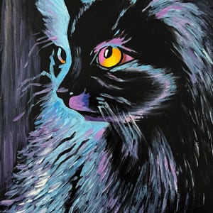 May include: A black cat with bright yellow eyes is painted in a dark blue and purple color scheme. The cat's fur is painted with long, thin strokes, giving it a textured look. The background is black.