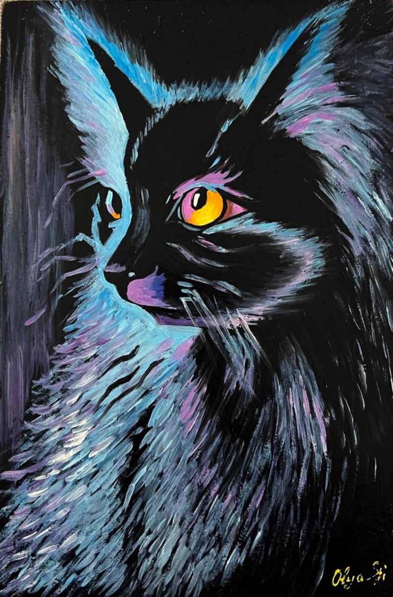 May include: A black cat with bright yellow eyes is painted in a dark blue and purple color scheme. The cat's fur is painted with long, thin strokes, giving it a textured look. The background is black.
