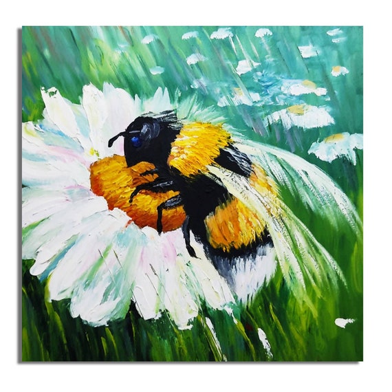 Honey Bee Painting Original Art Floral Artwork Flowers Wall Art Insect ...
