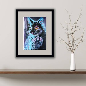 May include: A framed painting of a black cat with bright yellow eyes. The cat is painted in a stylized, almost abstract style with blue and purple hues.