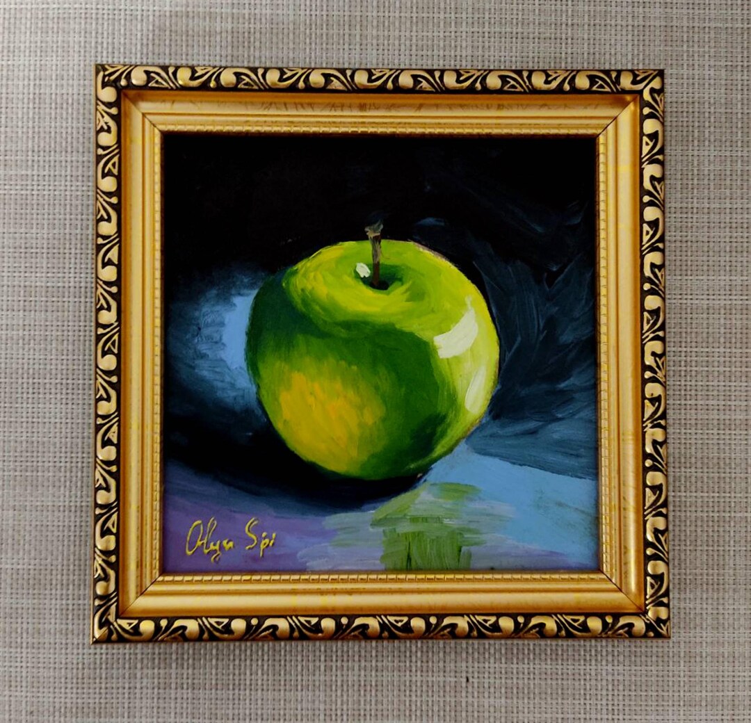 Framed Apple Oil Painting: Original Still Life Art, 6x6 in Gold