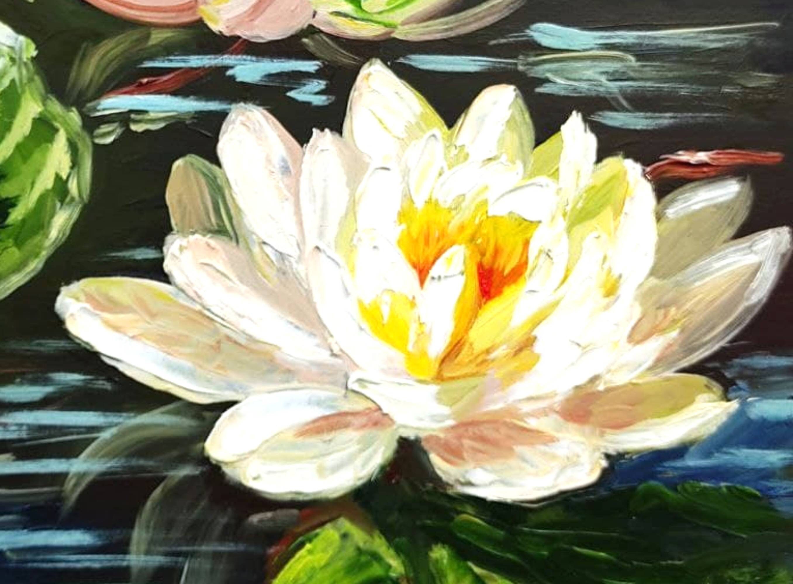 Original Water Lily Oil Painting: Impasto Lotus Pond Art (10x10) - Etsy