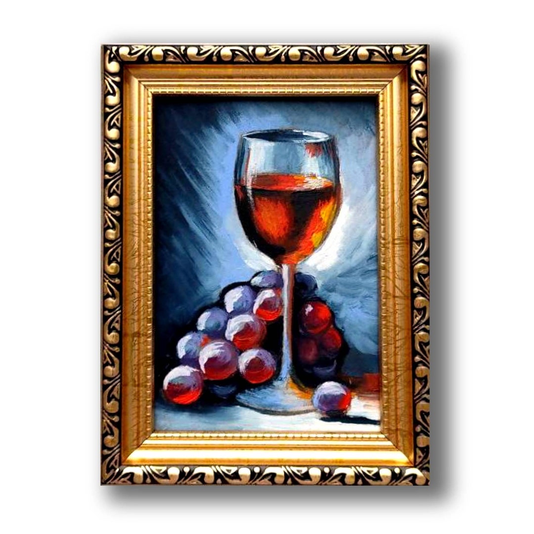 Red Wine & Grapes Still Life Oil Painting in Gold Frame - Etsy